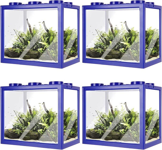 4PCS Plastic Small Betta Fish Tank, 0.6 Gallon Stackable Fish Bowl, Cube Fish Aquarium Tank for Shrimp, Turtle, Small Crab (Blue)