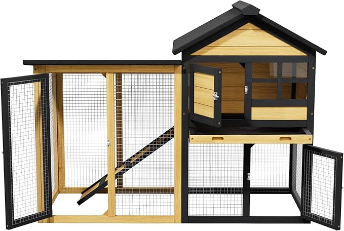 Chicken Coop, Chicken Run,Small Wooden Duck Coop Outdoor 2-Tier Hen House All Weather Used Poultry Quail Cage Rabbit Pet Hutch House with Ramp for Small Animals (Yellow Black)