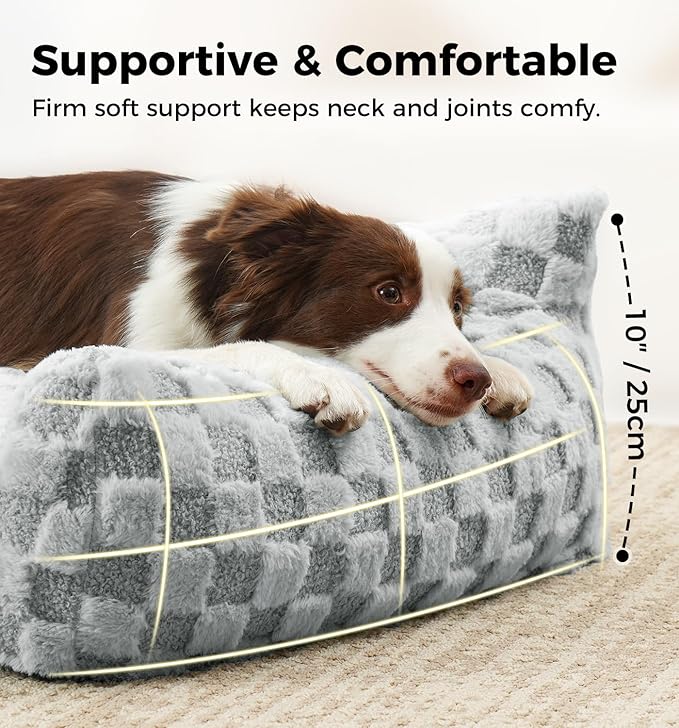 MADE 4 PETS Dog Couch Bed, Soft Faux Fur Checkered Indoor Pet Sofa, Comfortable Fluffy Dog Sofa with Supportive Foam, Removable Washable Cover with Non-Slip Base, Gray, Large