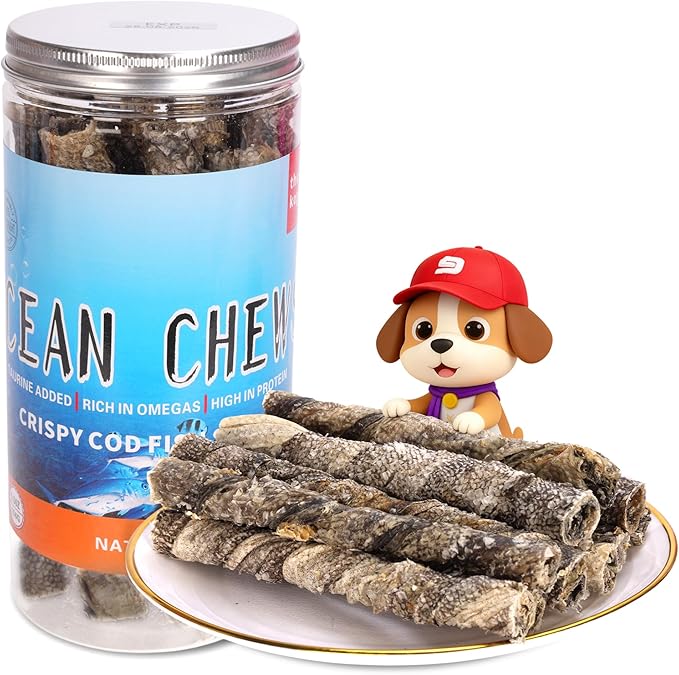 Natural Cod Skins for Dogs - Single Ingredient Dog Treats, Grain Free & Hypoallergenic - Dental Chews for Teeth Cleaning & Fresh Breath - Rich in Omega-3 for Skin & Coat Health (Cigar 5.5 oz)