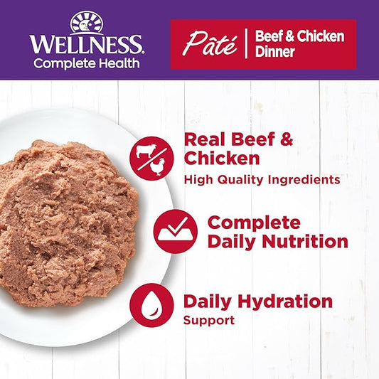 Wellness Complete Health Pate Adult Wet Cat Food, Natural, Protein-Rich, Grain Free, 12.5 Ounce, 12 Pack, (Beef & Chicken)