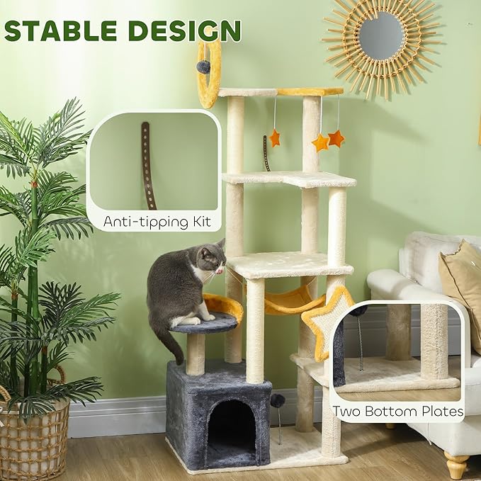PawHut Cat Tower, 63 Inch Tree for Large Adult Indoor Cats with Scratching Post, Hammock, Condo, Bed, Scratching Board & Toys, Moon and Star Themed Cat Tree Tower, Beige
