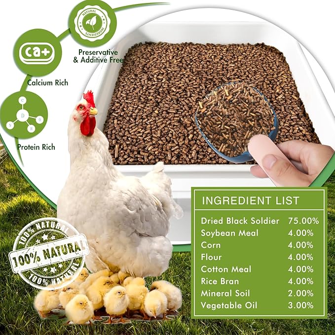 Chicken Feed, 5lb Dried Black Soldier Fly Larvae Pellets for Chickens, Processed Chicken Food for Laying Hens, Organic Chickens Feed with More Protein & Calcium Than Mealworms