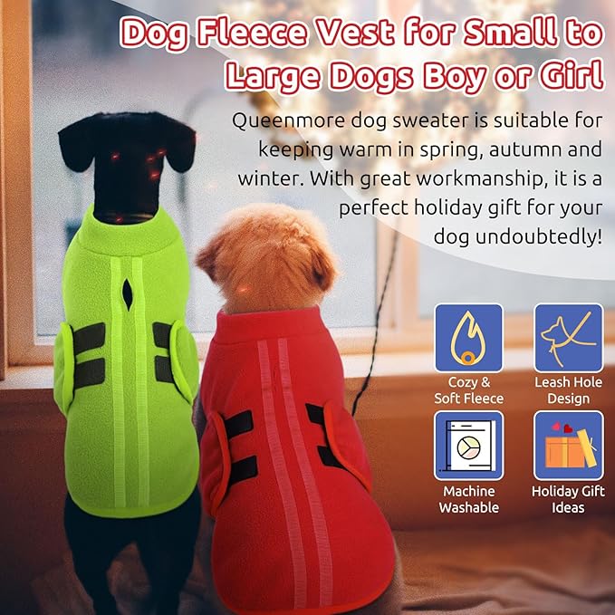 Queenmore XXL Dog Sweater, Soft Fleece Vest Pullover Dog Jacket with Leash Hole, Warm Winter Dog Clothes Cold Weather Doggy Dachshund Sweaters for Large Dogs Cats Boy or Girl (Green, XXL)