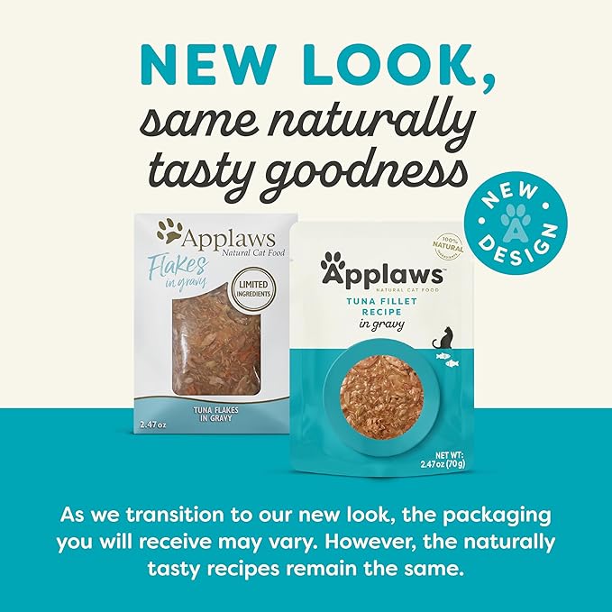 Applaws Natural Wet Cat Food in Gravy, Limited and Natural Ingredients, High Protein with No Artificial Additives, Tuna Fillet in Gravy (12 x 2.47oz Pouches)