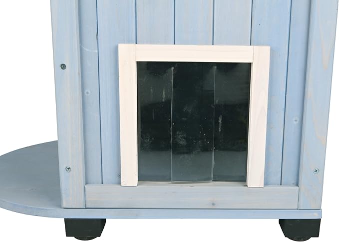 TRIXIE 'Cat's Home' Outdoor Cat House, Weatherproof 3-Story Cat House, Hinged Shutters with Latch & Perch, 2 Doors, Outdoor Shelter for Cats and Small Animals, Blue / White Pine Wood