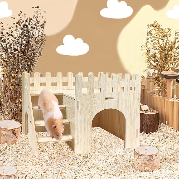 Wood Hamster Hideout House Habitat Wooden Maze Hide Hut with Platform Cage Accessories Toys for Syrian Dwarf Gerbils Mouse Mice Rat Other Small Animals etc. (03 Palisade House)