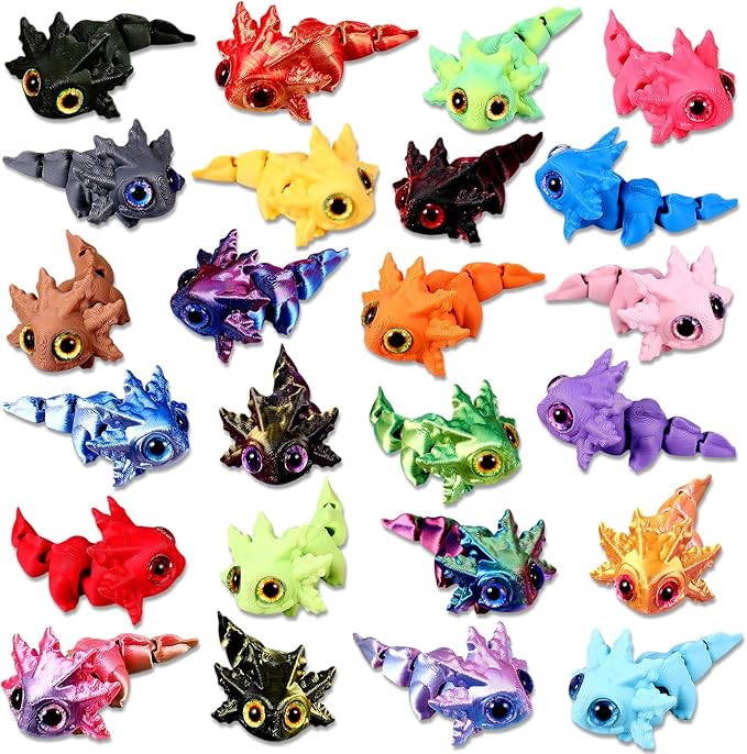 Honoson 24 Pcs 3D Printed Baby Axolotl Fidget Toy 3D Printed Small Animal Toy Flexible Cute Articulating Pet Stress Relief Fidget Toys for Play and Display