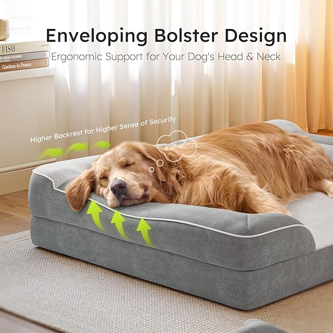 Extra Large Dog Bed, Orthopedic Pet Bed with Cooling Gel Memory Foam, Waterproof XL Dog Bed with Removable Washable Cover, 42" Pet Sofa Couch Dutch Velvet with Blanket Bone Toy, Light Gray