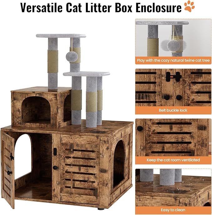 DKLGG Cat Tree with Litter Box Enclosure, Modern Cat Condo, Indoor Cat Tower with Litter Box Enclosure Wood House w/Sisal Scratching Post, Plush Perch Platform & Divided Condo (Rustic Brown)