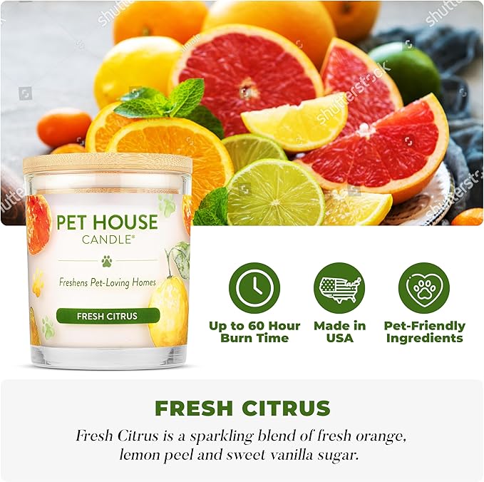One Fur All Pet House Candle Plant-Based/Soy - Clean Burning Scented, Long Lasting Pet Odor Candle for Home - Fresh Citrus