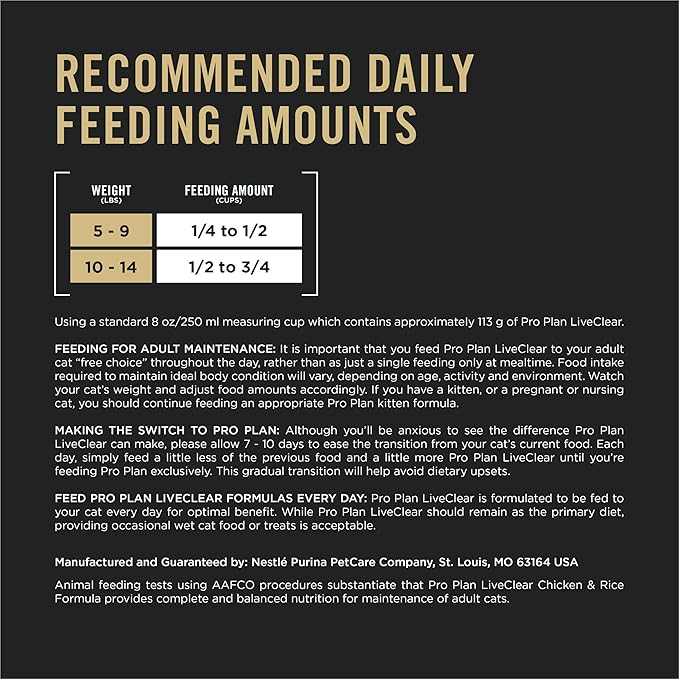 Purina Pro Plan Allergen Reducing, High Protein Cat Food, LIVECLEAR Chicken and Rice Formula - 16 lb. Bag