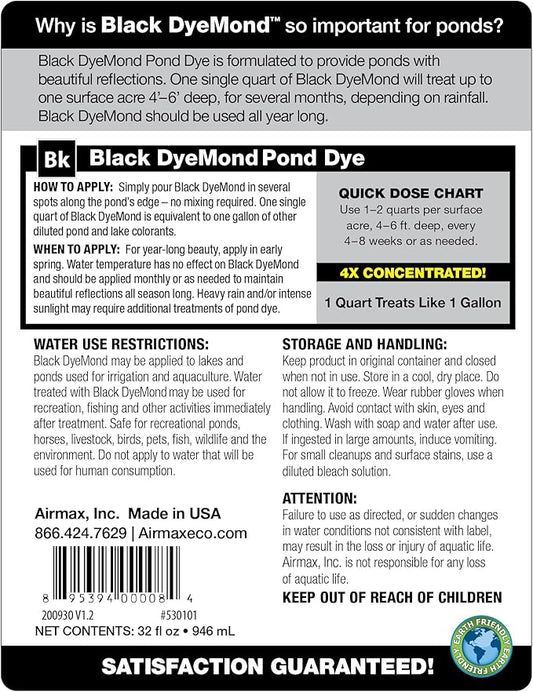 Airmax Black DyeMond Pond Dye 4X Concentrate for Outdoor Ponds & Lakes, Natural Pond Colorant & Beauty Enhancer, Block Ultraviolet Rays, Fish, Bird & Livestock Safe, Easy Liquid Application, 1 Quart
