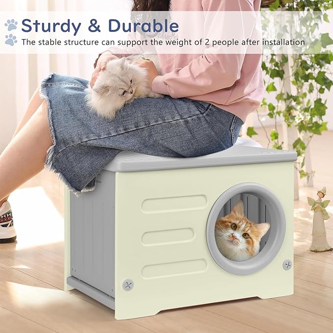 Plastic Cat House for Outdoor Indoor Use, Stackable Feral Cat Shelter Indoor Cat House Weatherproof Waterproof Elevated, with 2-Sided Cushion (Grey)