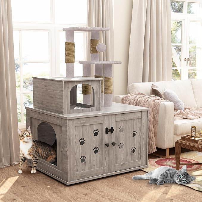 DKLGG Litter Box Enclosure with Cat Tree, Large Cat Tree with Hidden Litter Box Enclosure | All-in-one Indoor Kitten House w/Sisal Scratching Post, Plush Perch Platform & Divided Condo (Grey)