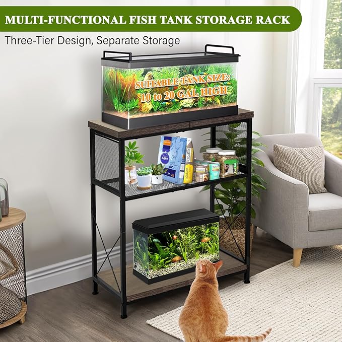 LALA IKAI Fish Tank Stand for 10-20 Gallon Aquariums Heavy Duty Adjustable Height Double Tier Steel Structure Sturdy Design Reptile Cage or Tank Storage Cabinet, Black