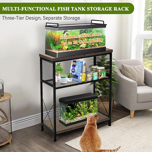 LALA IKAI Fish Tank Stand for 10-20 Gallon Aquariums Heavy Duty Adjustable Height Double Tier Steel Structure Sturdy Design Reptile Cage or Tank Storage Cabinet, Black