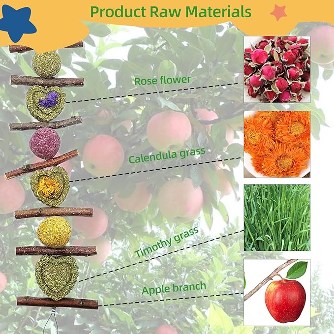 3Pcs Bunny Chew Toys for Teeth Grinding Bunny Hanging Natural Apple Twigs Timothy Hay Grass Cakes Multiple-Grass Ball for Rabbits Guinea Pigs Chinchillas Gerbils Hamsters Improves Dental Health