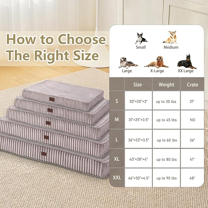Orthopedic Dog Beds for Small Dogs - Soft Plush Washable with Egg Crate Foam, Waterproof & Removable Cover, Anti-Slip Bottom, Comfy Striped Crate Bed, 30x20 Inch, Gray