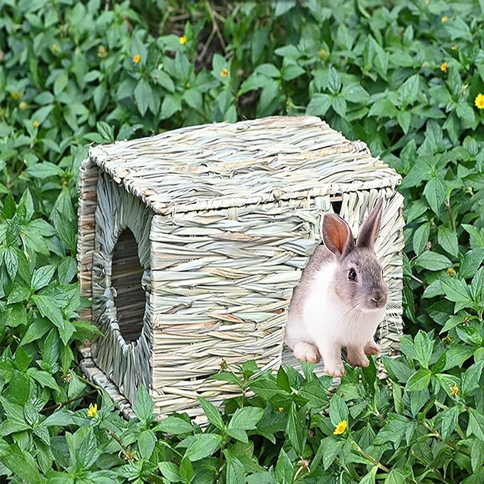 Rabbit Grass House - Natural Hand Woven Seagrass Play Hay Bed, Hideaway Hut Toy for Bunny Hamster Guinea Pig Chinchilla Ferret