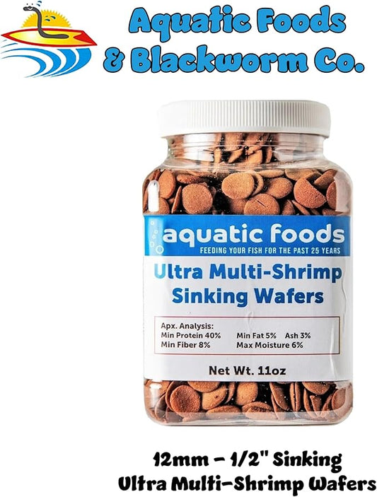 Aquatic Foods Inc. Ultra Multi-Shrimp 12mm - 1/2" Small Sinking Wafers for Bottom Fish, Shrimp, Snails, Crabs, Crayfish, All Tropical Fish...11oz Small Jar