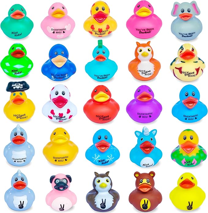 Rubber Ducks with 5 Fun Themed Logos for Jeep Ducking – 25 Pack of Assorted Mini Duckies with Variety Designs for Off-Road Duckers, Trail Gifting, Dashboard and 4x4 Fun, Bulk Rubber Duck for Adults