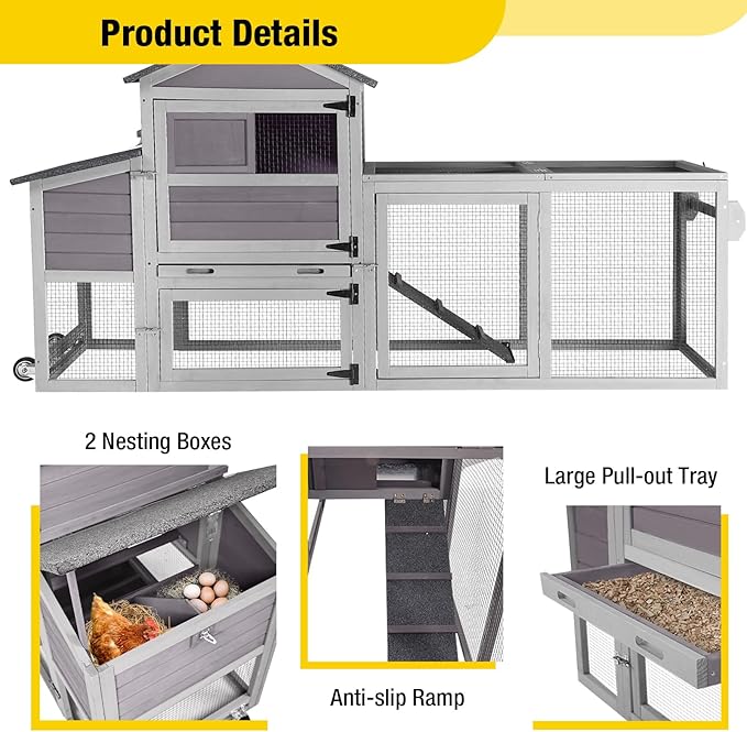 Aivituvin Chicken Coop On Wheels Mobile Hen House Outdoor Wooden Poultry Cage with Run for 2-4 Chickens, UV Protection, Nesting Box, Pull-Out Tray (Gray)