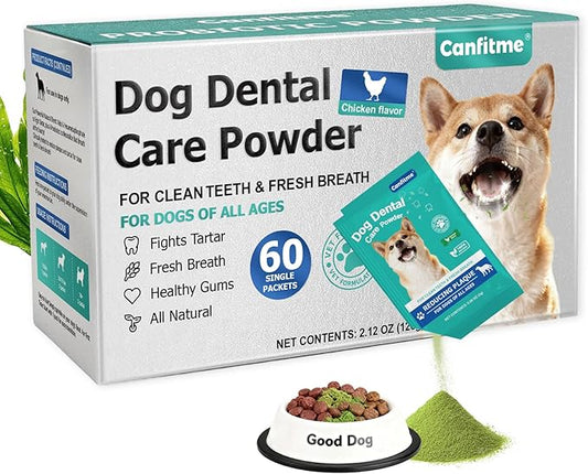 Dog Dental Powder for Teeth Cleaning, Dog Teeth Cleaning Powder for Dogs with Probiotic & Tartar Remover, Fresh Breath Support, No Brushing Oral Care, Chicken Flavor, 60ct