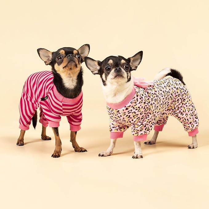Fitwarm Leopard Dog Pajamas, Fleece Dog Clothes for Small Dogs Girl with Legs, Pet Onesie, Cat Outfit, Pink, Small