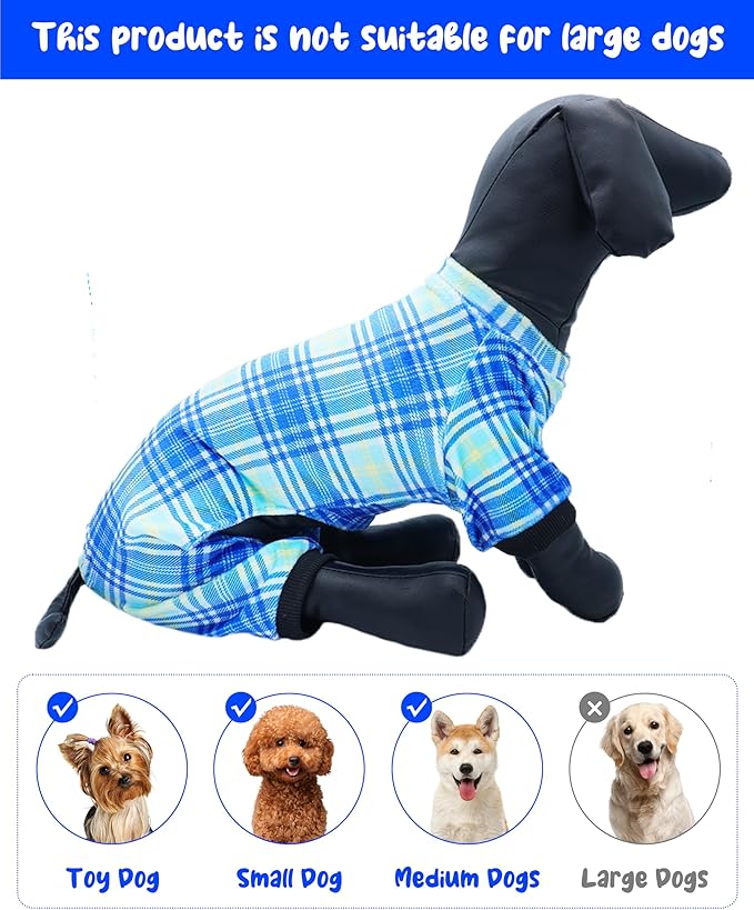 PET SHOW 4 Pack Small Dog Pajamas Cute Dinosaur Monster Clothes Doggies Soft Fleece Stretchy PJs Plaid Jumpsuit Puppy Cats Tie Dye Onesies Outfits with Sleeve Pets Dachshund Costume(XS, Blue for Boys)