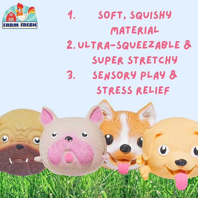Farm Fresh Skwishy Pups – 4-Pack Dog-Themed Fidget Balls for Kids – Sensory Stress Relief Toy Set with Pug, French Bulldog, Corgi, and Labrador – Travel Squishy Toys, Party Favors Idea