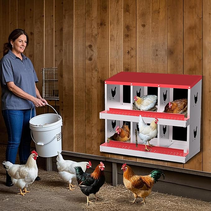 6 Compartments Chicken Nesting Box,Metal Chicken Egg Laying Box, Nesting Boxes,Easy Egg Collection, Easy Cleaning（Red）
