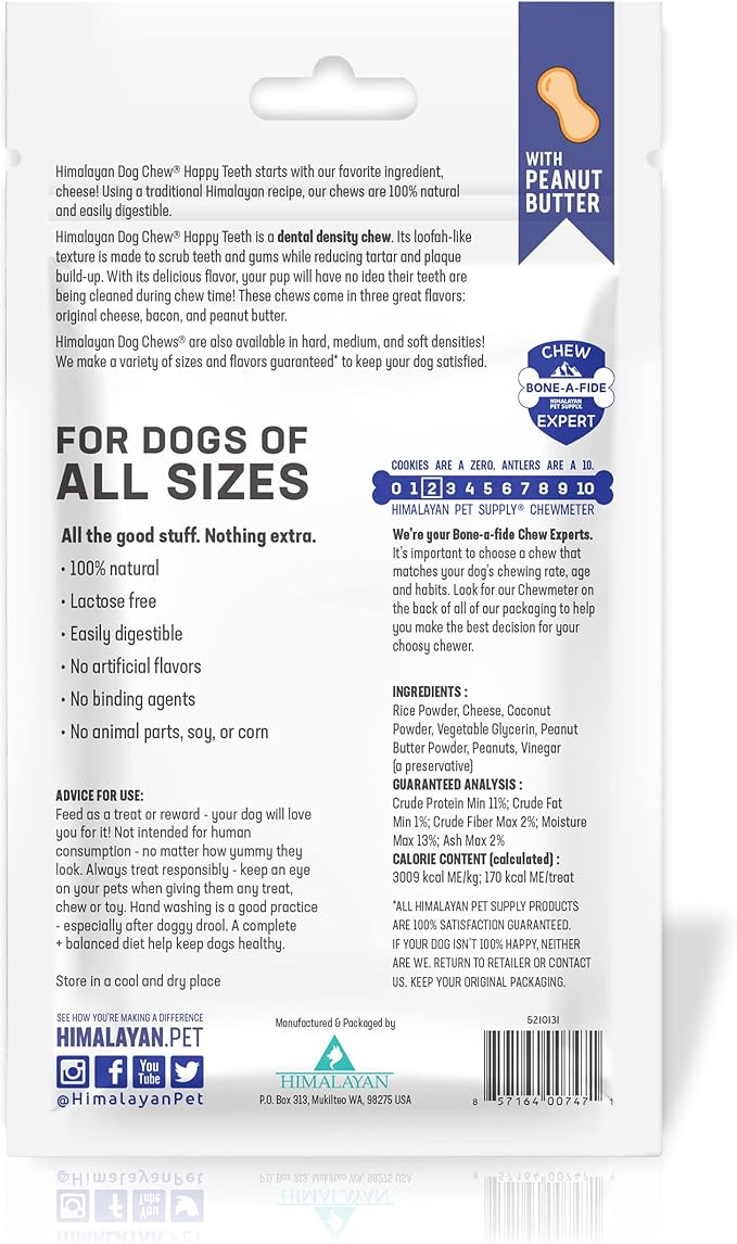 Himalayan Dog Chew Happy Teeth Yak Cheese, Soft Dog Chews, 100% Natural Soft Density Dental Treats, Gluten Free, Safe Treats for Oral Health, Lactose & Grain Free, Protein Rich, (Flavor) 2 Count