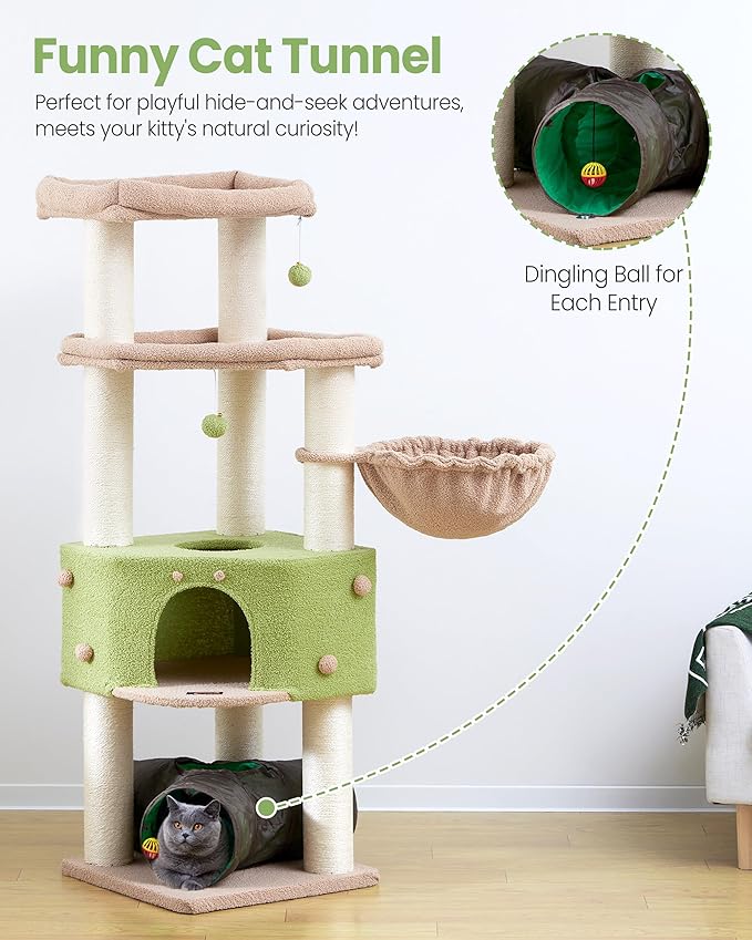 Cat Tree Tower for Indoor Cats Large Adult - Tall Kitty Condo House with Hammock Scratching Post Tunnel - 60 Inch Big Kitten Bed Condos Trees - Heavy Duty Kittens Houses Stand for Multiple Maine Coon