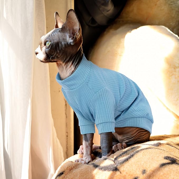 Pumyporeity Stretchy Cat Shirt & Sweater with Sleeves - Sphynx & Devon Rex Cat Clothes, Soft Blue Pullover Pajama