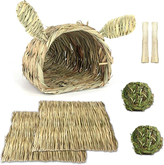 kathson Bunny Grass House Chew Toys Baby Rabbit Hideaway Hut Small Animals Grass Hideout Hand Woven Natural Hay Bedding for Guinea Pig Hamster Chinchilla