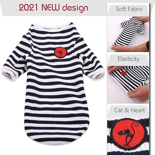 DENTRUN Hairless Cats Shirt Breathable Cat Daily Wear Clothes Stripe Vest Adorable Pajamas Jumpsuit Soft & Skin-Friendly