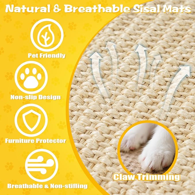 Rabbit Scratcher Mats, 2 Sizes (16x12 & 24x16 Inch), Natural Sisal Bunny Pads for Claws, Chewing & Nesting, Pet Cage Bedding for Rabbits & Small Animals