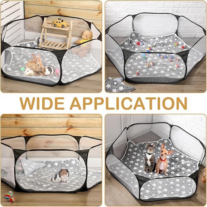 Hamster Playpen with Mat Small Animal Cage Tent Breathable Transparent Guinea Pig Playpen Waterproof Portable Yard Fence Mat Foldable Exercise Playpen Outdoor Indoor (Black,Star)