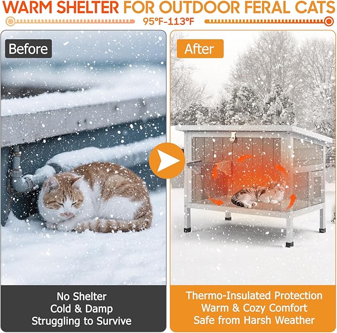 Insulated Cat House Outdoor Weatherproof Feral Cat Shelter for Winter, All-Round Foam Insulation Wooden Pet House for Outdoor Cat with Raised Base, Openable Roof (30.7"L x 21.7"W x 25.6"H)