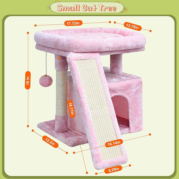 Small Cat Tree for Indoor Cats, Cat Tower with Perch, Condo, House and Stable Stand for Kittens & Adult Pets（Pink）
