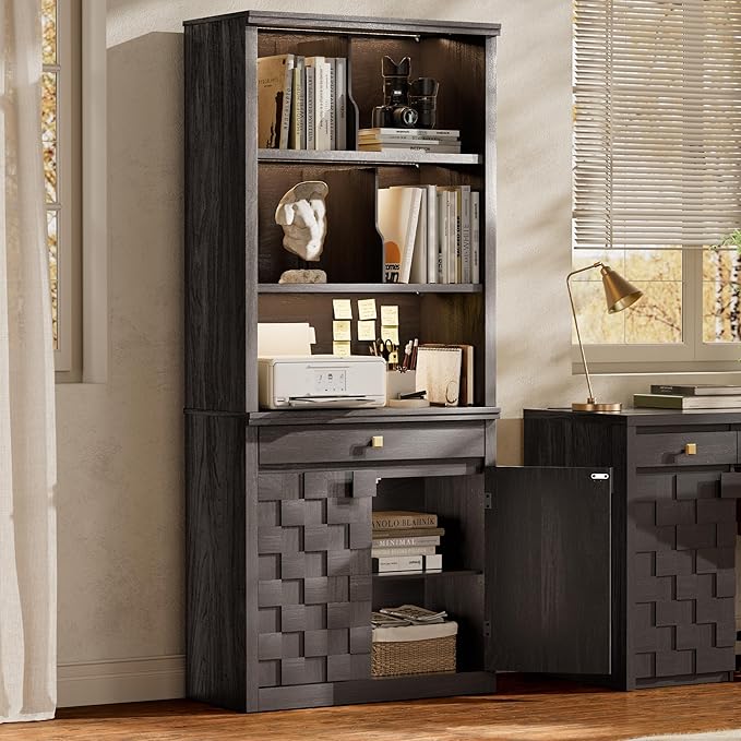 Fluted Bookcase with LED Light, 72.2" Tall Freestanding Bookshelf with Drawer and Doors, Modern Storage Book Case with 3-Tier Open Shelves for Home Office, Living Room, Bedroom (1, Black Oak)