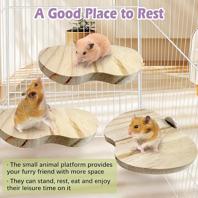 Hamiledyi 4PCS Wooden Hamster Cage Platform Set Bird Wood Platform Flat Bird Perch Hamster Rat Gerbil Mice Cage Accessories Platform Wood Perch Stand Board Habitat for Small Animals