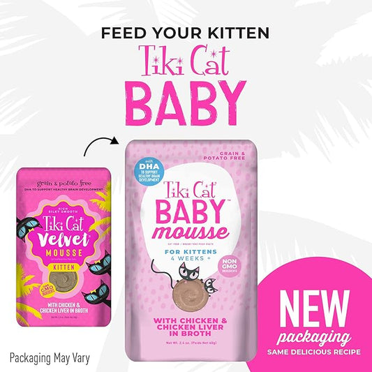 Tiki Cat Baby, Chicken and Chicken Liver, Grain-Free and Nutrient Rich, Wet Cat Food for Kittens 4 Weeks+, 2.4 oz. Pouch (Pack of 12)
