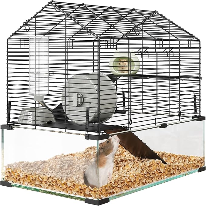 3 Tiers Large Hamster Cage - Metal Enclosure & Glass Mouse Cage with Ceramic Hideout, Running Wheel, Water Bottle & Feeding Bowl, Small Animal Habitat for Rodent Hamsters Rat Mouse Gerbil Mice