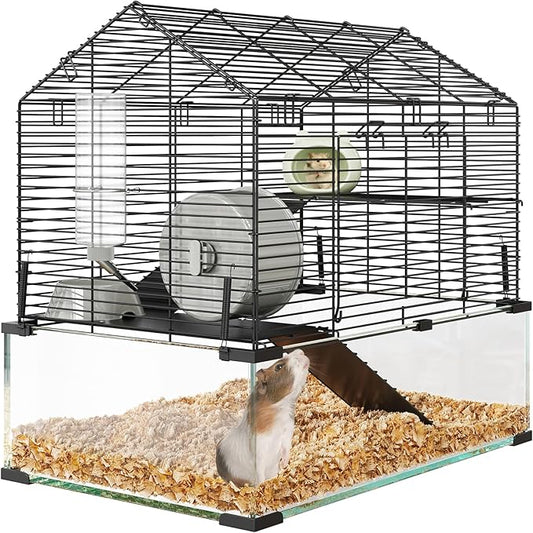 3 Tiers Large Hamster Cage - Metal Enclosure & Glass Mouse Cage with Ceramic Hideout, Running Wheel, Water Bottle & Feeding Bowl, Small Animal Habitat for Rodent Hamsters Rat Mouse Gerbil Mice