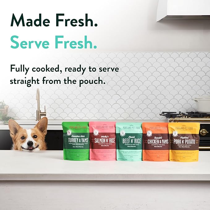 Portland Pet Food Company Rosie’s Beef N' Rice Fresh Dog Food Pouches - Human-Grade, Gluten-Free Wet Pet Meal Topper & Mixers - Small & Large Breed Puppy & Senior Dogs - Made in The USA - 5 Pack