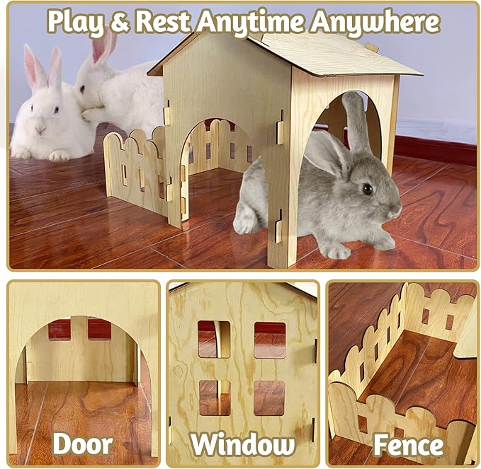 Fhiny Wooden Rabbit Castle Hideout with Fence, Small Animal Rest and Play House Hideaway with Window Detachable Rabbit Bed Hut Bunny Castle for Indoor Chinchilla Guinea Pig Hedgehog