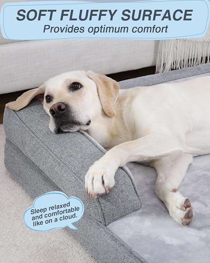 KSIIA Washable XL Dog Bed for Extra Large Dog U-Shaped Bolster Pet Couch with Removable Waterproof Cover, Non-Slip Bottom and Egg-Crate Orthopedic Foam Pet Bed, 47 x 32 Inch, Gray