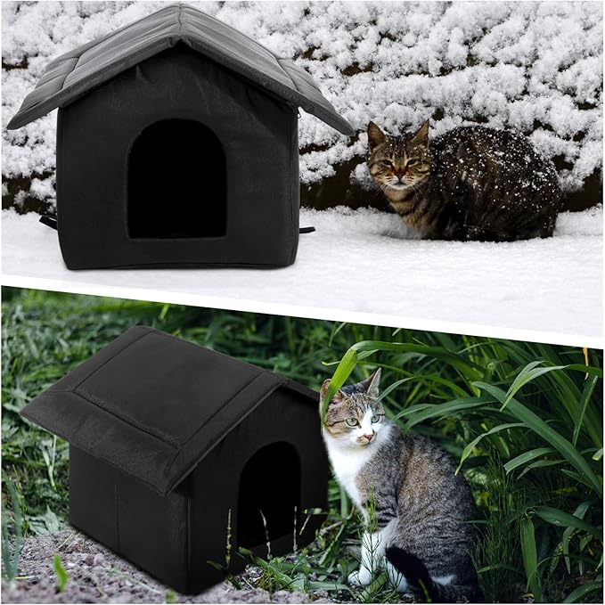 Soaoo 3 Pcs Cat Houses for Outdoor Stray Cats Shelter Weatherproof Outside House Indoor Foldable Pet Cave with Tent Stakes for Wild Animal Dogs(Pure Black Style)